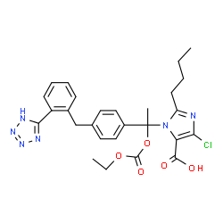 ChemSpider 2D Image | 2-Butyl-4-chloro-1-(1-[(ethoxycarbonyl)oxy]-1-{4-[2-(1H-tetrazol-5-yl)benzyl]phenyl}ethyl)-1H-imidazole-5-carboxylic acid | C27H29ClN6O5