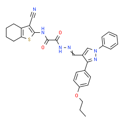 ChemSpider 2D Image | N-(3-Cyano-4,5,6,7-tetrahydro-1-benzothiophen-2-yl)-2-oxo-2-(2-{[1-phenyl-3-(4-propoxyphenyl)-1H-pyrazol-4-yl]methylene}hydrazino)acetamide | C30H28N6O3S