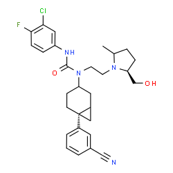 ChemSpider 2D Image | 3-(3-Chloro-4-fluorophenyl)-1-[(6S)-6-(3-cyanophenyl)bicyclo[4.1.0]hept-3-yl]-1-{2-[(2S)-2-(hydroxymethyl)-5-methyl-1-pyrrolidinyl]ethyl}urea | C29H34ClFN4O2