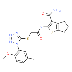 ChemSpider 2D Image | 2-[({[1-(2-Methoxy-5-methylphenyl)-1H-tetrazol-5-yl]sulfanyl}acetyl)amino]-5,6-dihydro-4H-cyclopenta[b]thiophene-3-carboxamide | C19H20N6O3S2