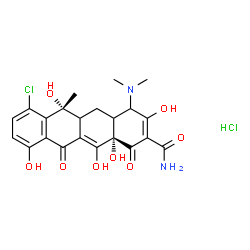 ChemSpider 2D Image | (6R,12aS)-7-Chloro-4-(dimethylamino)-3,6,10,12,12a-pentahydroxy-6-methyl-1,11-dioxo-1,4,4a,5,5a,6,11,12a-octahydro-2-tetracenecarboxamide hydrochloride (1:1) | C22H24Cl2N2O8