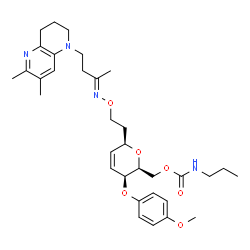 ChemSpider 2D Image | (1R)-1,5-Anhydro-2,3-dideoxy-1-[2-({(E)-[4-(6,7-dimethyl-3,4-dihydro-1,5-naphthyridin-1(2H)-yl)-2-butanylidene]amino}oxy)ethyl]-4-O-(4-methoxyphenyl)-6-O-(propylcarbamoyl)-L-threo-hex-2-enitol | C33H46N4O6