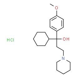 ChemSpider 2D Image | 1-Cyclohexyl-1-(4-methoxyphenyl)-3-(1-piperidinyl)-1-propanol hydrochloride (1:1) | C21H34ClNO2