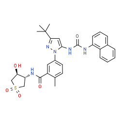 ChemSpider 2D Image | N-[(3S,4S)-4-Hydroxy-1,1-dioxidotetrahydro-3-thiophenyl]-2-methyl-5-{3-(2-methyl-2-propanyl)-5-[(1-naphthylcarbamoyl)amino]-1H-pyrazol-1-yl}benzamide | C30H33N5O5S