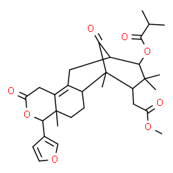 ChemSpider 2D Image | 6-(3-Furyl)-16-(2-methoxy-2-oxoethyl)-1,5,15,15-tetramethyl-8,17-dioxo-7-oxatetracyclo[11.3.1.0~2,11~.0~5,10~]heptadec-10-en-14-yl 2-methylpropanoate | C31H40O8