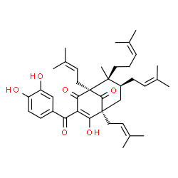 ChemSpider 2D Image | (1S,5S,7S,8S)-3-(3,4-Dihydroxybenzoyl)-4-hydroxy-8-methyl-1,5,7-tris(3-methyl-2-buten-1-yl)-8-(4-methyl-3-penten-1-yl)bicyclo[3.3.1]non-3-ene-2,9-dione | C38H50O6