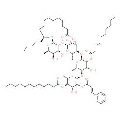 ChemSpider 2D Image | (2S,3R,4R,5R,6S)-6-{[(2S,3R,4R,5R,6S)-5-(Decanoyloxy)-4-hydroxy-2-methyl-6-{[(1S,3R,4S,5R,6R,8R,10S,22S,23S,24S,26R)-4,5,26-trihydroxy-6,24-dimethyl-20-oxo-10-pentyl-2,7,9,21,25-pentaoxatricyclo[20.3.
1.0~3,8~]hexacos-23-yl]oxy}tetrahydro-2H-pyran-3-yl]oxy}-4-hydroxy-2-methyl-5-{[(2E)-3-phenyl-2-propenoyl]oxy}tetrahydro-2H-pyran-3-yl dodecanoate | C71H116O21