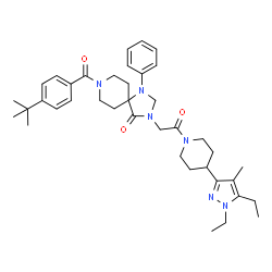 ChemSpider 2D Image | 3-{2-[4-(1,5-Diethyl-4-methyl-1H-pyrazol-3-yl)-1-piperidinyl]-2-oxoethyl}-8-[4-(2-methyl-2-propanyl)benzoyl]-1-phenyl-1,3,8-triazaspiro[4.5]decan-4-one | C39H52N6O3