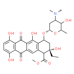 ChemSpider 2D Image | Methyl (2S)-2-ethyl-2,5,7,10-tetrahydroxy-6,11-dioxo-4-{[(1S)-2,3,6-trideoxy-3-(dimethylamino)hexopyranosyl]oxy}-1,2,3,4,6,11-hexahydro-1-tetracenecarboxylate | C30H35NO11