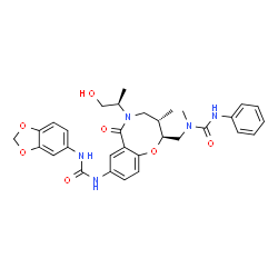 ChemSpider 2D Image | 1-(1,3-Benzodioxol-5-yl)-3-[(2S,3S)-5-[(2R)-1-hydroxy-2-propanyl]-3-methyl-2-{[methyl(phenylcarbamoyl)amino]methyl}-6-oxo-3,4,5,6-tetrahydro-2H-1,5-benzoxazocin-8-yl]urea | C31H35N5O7