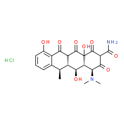ChemSpider 2D Image | (4S,4aR,5S,5aR,6R,11aS,12aS)-4-(Dimethylamino)-5,10,12a-trihydroxy-6-methyl-1,3,11,12-tetraoxo-1,2,3,4,4a,5,5a,6,11,11a,12,12a-dodecahydro-2-tetracenecarboxamide hydrochloride (1:1) | C22H25ClN2O8