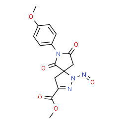 ChemSpider 2D Image | Methyl 7-(4-methoxyphenyl)-1-nitroso-6,8-dioxo-1,2,7-triazaspiro[4.4]non-2-ene-3-carboxylate | C15H14N4O6