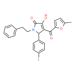 ChemSpider 2D Image | 3-Hydroxy-5-(4-iodophenyl)-4-(5-methyl-2-furoyl)-1-(2-phenylethyl)-1,5-dihydro-2H-pyrrol-2-one | C24H20INO4