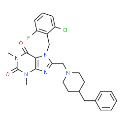 ChemSpider 2D Image | 8-[(4-Benzyl-1-piperidinyl)methyl]-7-(2-chloro-6-fluorobenzyl)-1,3-dimethyl-3,7-dihydro-1H-purine-2,6-dione | C27H29ClFN5O2