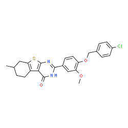 ChemSpider 2D Image | 2-{4-[(4-Chlorobenzyl)oxy]-3-methoxyphenyl}-7-methyl-5,6,7,8-tetrahydro[1]benzothieno[2,3-d]pyrimidin-4(3H)-one | C25H23ClN2O3S