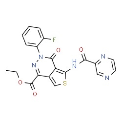 ChemSpider 2D Image | Ethyl 3-(2-fluorophenyl)-4-oxo-5-[(2-pyrazinylcarbonyl)amino]-3,4-dihydrothieno[3,4-d]pyridazine-1-carboxylate | C20H14FN5O4S