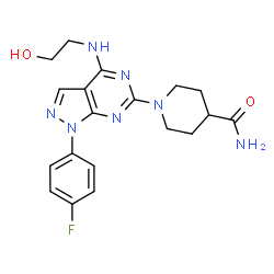 ChemSpider 2D Image | 1-{1-(4-Fluorophenyl)-4-[(2-hydroxyethyl)amino]-1H-pyrazolo[3,4-d]pyrimidin-6-yl}-4-piperidinecarboxamide | C19H22FN7O2