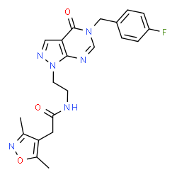 ChemSpider 2D Image | 2-(3,5-Dimethyl-1,2-oxazol-4-yl)-N-{2-[5-(4-fluorobenzyl)-4-oxo-4,5-dihydro-1H-pyrazolo[3,4-d]pyrimidin-1-yl]ethyl}acetamide | C21H21FN6O3