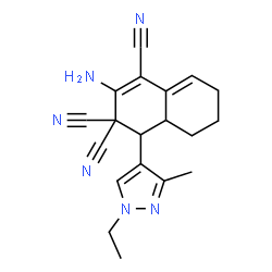 ChemSpider 2D Image | 2-Amino-4-(1-ethyl-3-methyl-1H-pyrazol-4-yl)-4a,5,6,7-tetrahydro-1,3,3(4H)-naphthalenetricarbonitrile | C19H20N6