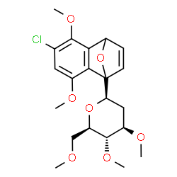 ChemSpider 2D Image | (1R)-1,5-Anhydro-1-(5-chloro-3,6-dimethoxy-11-oxatricyclo[6.2.1.0~2,7~]undeca-2,4,6,9-tetraen-1-yl)-2-deoxy-3,4,6-tri-O-methyl-D-arabino-hexitol | C21H27ClO7