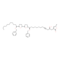 ChemSpider 2D Image | (5S)-3-[(2R,13R)-13-(Benzyloxy)-13-{(2R,2'R,5R,5'R)-5'-[(1S)-1-(benzyloxy)undecyl]octahydro-2,2'-bifuran-5-yl}-2-hydroxy-4-tridecyn-1-yl]-5-methyl-2(5H)-furanone | C51H74O7