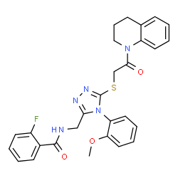 ChemSpider 2D Image | N-{[5-{[2-(3,4-Dihydro-1(2H)-quinolinyl)-2-oxoethyl]sulfanyl}-4-(2-methoxyphenyl)-4H-1,2,4-triazol-3-yl]methyl}-2-fluorobenzamide | C28H26FN5O3S