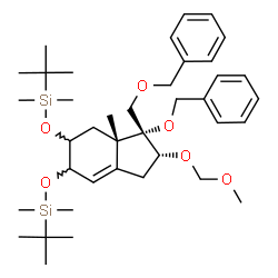 ChemSpider 2D Image | {[(2R,3R,3aS)-3-(Benzyloxy)-3-[(benzyloxy)methyl]-2-(methoxymethoxy)-3a-methyl-2,3,3a,4,5,6-hexahydro-1H-indene-5,6-diyl]bis(oxy)}bis[dimethyl(2-methyl-2-propanyl)silane] | C39H62O6Si2