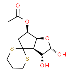 ChemSpider 2D Image | (2S,3R,3aR,6R,6aS)-2,3-Dihydroxyhexahydrospiro[cyclopenta[b]furan-4,2'-[1,3]dithian]-6-yl acetate | C12H18O5S2