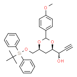 ChemSpider 2D Image | 1-[(4R,6S)-2-(4-Methoxyphenyl)-6-({[(2-methyl-2-propanyl)(diphenyl)silyl]oxy}methyl)-1,3-dioxan-4-yl]-2-propyn-1-ol | C31H36O5Si