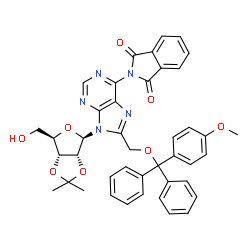 ChemSpider 2D Image | 2-(9-[(3aR,4R,6R,6aR)-6-(Hydroxymethyl)-2,2-dimethyltetrahydrofuro[3,4-d][1,3]dioxol-4-yl]-8-{[(4-methoxyphenyl)(diphenyl)methoxy]methyl}-9H-purin-6-yl)-1H-isoindole-1,3(2H)-dione | C42H37N5O8