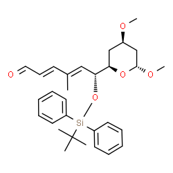 ChemSpider 2D Image | (2E,4E,6R)-6-[(2R,4R,6R)-4,6-Dimethoxytetrahydro-2H-pyran-2-yl]-4-methyl-6-{[(2-methyl-2-propanyl)(diphenyl)silyl]oxy}-2,4-hexadienal | C30H40O5Si