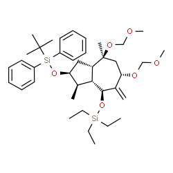ChemSpider 2D Image | {[(2S,3R,3aR,4S,6S,8S,8aS)-6,8-Bis(methoxymethoxy)-3,8-dimethyl-5-methylene-2-{[(2-methyl-2-propanyl)(diphenyl)silyl]oxy}decahydro-4-azulenyl]oxy}(triethyl)silane | C39H62O6Si2