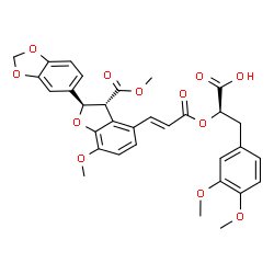 ChemSpider 2D Image | (2R)-2-({(2E)-3-[(2R,3R)-2-(1,3-Benzodioxol-5-yl)-7-methoxy-3-(methoxycarbonyl)-2,3-dihydro-1-benzofuran-4-yl]-2-propenoyl}oxy)-3-(3,4-dimethoxyphenyl)propanoic acid | C32H30O12