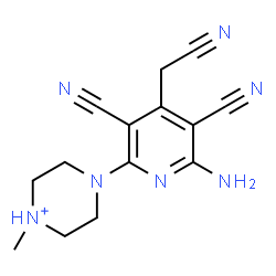 ChemSpider 2D Image | 4-[6-Amino-3,5-dicyano-4-(cyanomethyl)-2-pyridinyl]-1-methylpiperazin-1-ium | C14H16N7