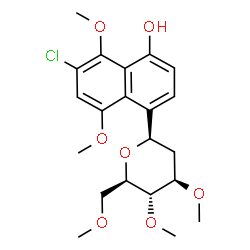 ChemSpider 2D Image | (1R)-1,5-Anhydro-1-(6-chloro-4-hydroxy-5,8-dimethoxy-1-naphthyl)-2-deoxy-3,4,6-tri-O-methyl-D-arabino-hexitol | C21H27ClO7
