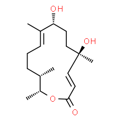 ChemSpider 2D Image | (3E,5R,8R,9E,13S,14R)-5,8-Dihydroxy-5,9,13,14-tetramethyloxacyclotetradeca-3,9-dien-2-one | C17H28O4