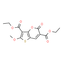 ChemSpider 2D Image | Diethyl 2-methoxy-5-oxo-5H-thieno[3,2-b]pyran-3,6-dicarboxylate | C14H14O7S