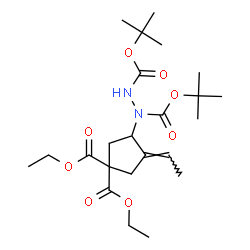 ChemSpider 2D Image | Bis(2-methyl-2-propanyl) 1-[(2E)-4,4-bis(ethoxycarbonyl)-2-ethylidenecyclopentyl]-1,2-hydrazinedicarboxylate | C23H38N2O8