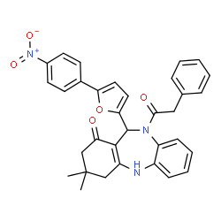 ChemSpider 2D Image | 3,3-Dimethyl-11-[5-(4-nitrophenyl)-2-furyl]-10-(phenylacetyl)-2,3,4,5,10,11-hexahydro-1H-dibenzo[b,e][1,4]diazepin-1-one | C33H29N3O5