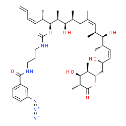 ChemSpider 2D Image | (3Z,5S,6S,7S,8R,9S,11Z,13S,14S,15S,16Z,18S)-8,14,18-Trihydroxy-19-[(2S,3R,4S,5R)-4-hydroxy-3,5-dimethyl-6-oxotetrahydro-2H-pyran-2-yl]-5,7,9,11,13,15-hexamethyl-1,3,11,16-nonadecatetraen-6-yl {3-[(3-a
zidobenzoyl)amino]propyl}carbamate | C43H65N5O9