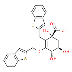 ChemSpider 2D Image | (1R,4S,5R)-3-(1-Benzothiophen-2-ylmethoxy)-2-(1-benzothiophen-2-ylmethyl)-1,4,5-trihydroxy-2-cyclohexene-1-carboxylic acid | C25H22O6S2