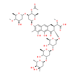 ChemSpider 2D Image | (2S)-[(2R,3S)-7-{[4-O-Acetyl-2,6-dideoxy-3-O-(2,6-dideoxy-4-O-methyl-alpha-D-arabino-hexopyranosyl)-beta-D-arabino-hexopyranosyl]oxy}-3-{[2,6-dideoxy-3-C-methyl-alpha-L-ribo-hexopyranosyl-(1->3)-2,6-d
ideoxy-beta-D-ribo-hexopyranosyl-(1->3)-2,6-dideoxy-beta-D-ribo-hexopyranosyl]oxy}-5,10-dihydroxy-6-methyl-4-oxo-1,2,3,4-tetrahydro-2-anthracenyl](methoxy)acetic acid | C52H74O24