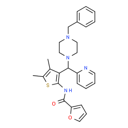 ChemSpider 2D Image | N-{3-[(4-Benzyl-1-piperazinyl)(2-pyridinyl)methyl]-4,5-dimethyl-2-thienyl}-2-furamide | C28H30N4O2S