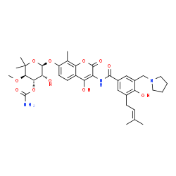 ChemSpider 2D Image | (3R,4S,5R,6R)-5-Hydroxy-6-[(4-hydroxy-3-{[4-hydroxy-3-(3-methyl-2-buten-1-yl)-5-(1-pyrrolidinylmethyl)benzoyl]amino}-8-methyl-2-oxo-2H-chromen-7-yl)oxy]-3-methoxy-2,2-dimethyltetrahydro-2H-pyran-4-yl 
carbamate | C36H45N3O11