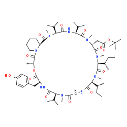 ChemSpider 2D Image | 2-Methyl-2-propanyl [(3S,6S,9R,12S,15S,21S,24S,27R,33aS)-15-[(2R)-2-butanyl]-12-[(2S)-2-butanyl]-24-(4-hydroxybenzyl)-3,6,21-triisopropyl-2,8,11,14,20,27-hexamethyl-1,4,7,10,13,16,19,22,25,28-decaoxod
otriacontahydropyrido[1,2-d][1,4,7,10,13,16,19,22,25,28]oxanonaazacyclotriacontin-9-yl]acetate | C60H97N9O14