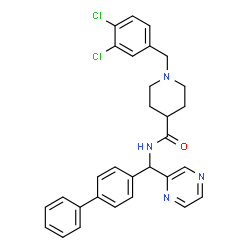 ChemSpider 2D Image | N-[4-Biphenylyl(2-pyrazinyl)methyl]-1-(3,4-dichlorobenzyl)-4-piperidinecarboxamide | C30H28Cl2N4O