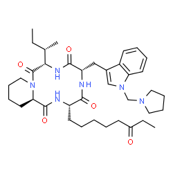 ChemSpider 2D Image | (3S,6S,9S,15aR)-9-[(2S)-2-Butanyl]-3-(6-oxooctyl)-6-{[1-(1-pyrrolidinylmethyl)-1H-indol-3-yl]methyl}octahydro-2H-pyrido[1,2-a][1,4,7,10]tetraazacyclododecine-1,4,7,10(3H,12H)-tetrone | C38H56N6O5