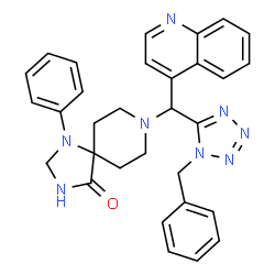 ChemSpider 2D Image | 8-[(1-Benzyl-1H-tetrazol-5-yl)(4-quinolinyl)methyl]-1-phenyl-1,3,8-triazaspiro[4.5]decan-4-one | C31H30N8O