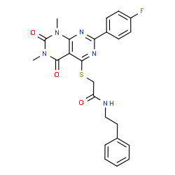 ChemSpider 2D Image | 2-{[2-(4-Fluorophenyl)-6,8-dimethyl-5,7-dioxo-5,6,7,8-tetrahydropyrimido[4,5-d]pyrimidin-4-yl]sulfanyl}-N-(2-phenylethyl)acetamide | C24H22FN5O3S