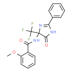 ChemSpider 2D Image | 2-Methoxy-N-[5-oxo-2-phenyl-4-(trifluoromethyl)-4,5-dihydro-1H-imidazol-4-yl]benzamide | C18H14F3N3O3